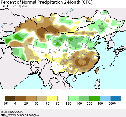 China, Mongolia and Taiwan Percent of Normal Precipitation 2-Month (CPC) Thematic Map For 7/11/2022 - 9/10/2022