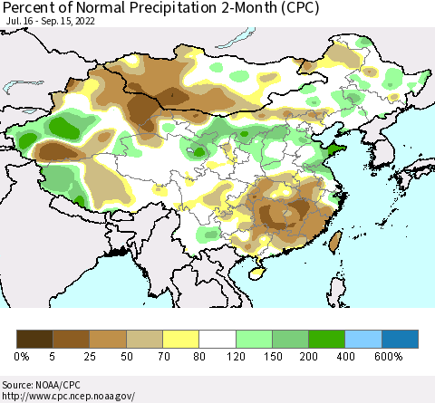 China, Mongolia and Taiwan Percent of Normal Precipitation 2-Month (CPC) Thematic Map For 7/16/2022 - 9/15/2022
