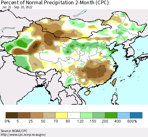 China, Mongolia and Taiwan Percent of Normal Precipitation 2-Month (CPC) Thematic Map For 7/21/2022 - 9/20/2022