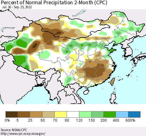 China, Mongolia and Taiwan Percent of Normal Precipitation 2-Month (CPC) Thematic Map For 7/26/2022 - 9/25/2022