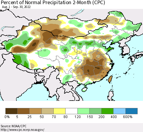 China, Mongolia and Taiwan Percent of Normal Precipitation 2-Month (CPC) Thematic Map For 8/1/2022 - 9/30/2022