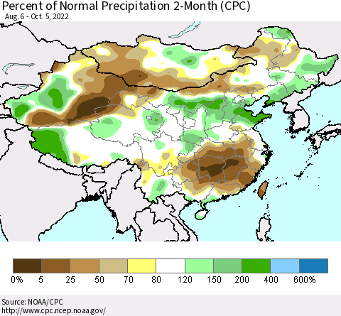 China, Mongolia and Taiwan Percent of Normal Precipitation 2-Month (CPC) Thematic Map For 8/6/2022 - 10/5/2022