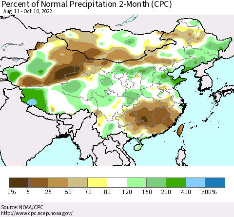 China, Mongolia and Taiwan Percent of Normal Precipitation 2-Month (CPC) Thematic Map For 8/11/2022 - 10/10/2022