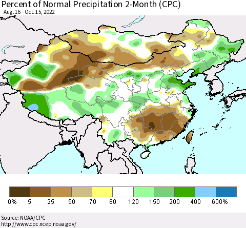 China, Mongolia and Taiwan Percent of Normal Precipitation 2-Month (CPC) Thematic Map For 8/16/2022 - 10/15/2022