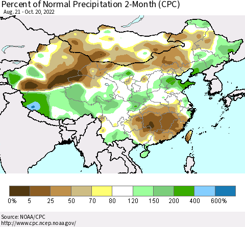 China, Mongolia and Taiwan Percent of Normal Precipitation 2-Month (CPC) Thematic Map For 8/21/2022 - 10/20/2022