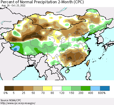 China, Mongolia and Taiwan Percent of Normal Precipitation 2-Month (CPC) Thematic Map For 8/26/2022 - 10/25/2022