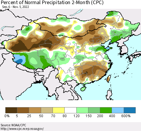 China, Mongolia and Taiwan Percent of Normal Precipitation 2-Month (CPC) Thematic Map For 9/6/2022 - 11/5/2022