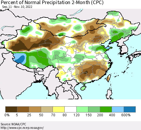 China, Mongolia and Taiwan Percent of Normal Precipitation 2-Month (CPC) Thematic Map For 9/11/2022 - 11/10/2022
