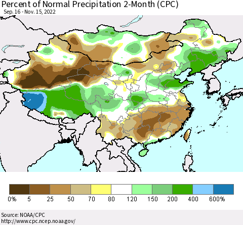 China, Mongolia and Taiwan Percent of Normal Precipitation 2-Month (CPC) Thematic Map For 9/16/2022 - 11/15/2022