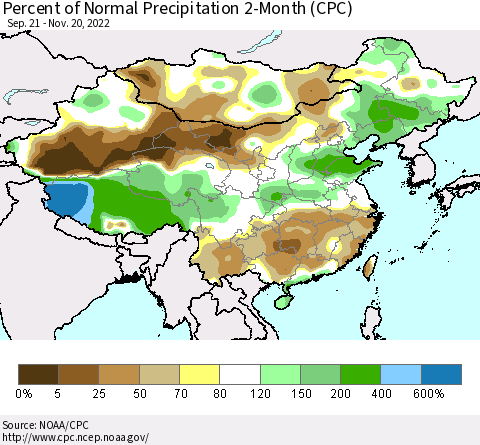 China, Mongolia and Taiwan Percent of Normal Precipitation 2-Month (CPC) Thematic Map For 9/21/2022 - 11/20/2022