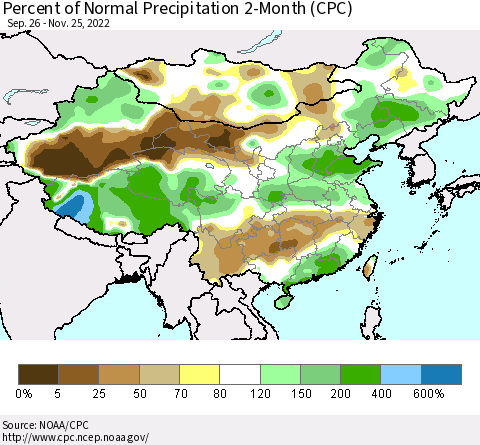 China, Mongolia and Taiwan Percent of Normal Precipitation 2-Month (CPC) Thematic Map For 9/26/2022 - 11/25/2022