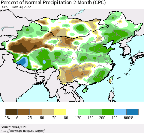 China, Mongolia and Taiwan Percent of Normal Precipitation 2-Month (CPC) Thematic Map For 10/1/2022 - 11/30/2022