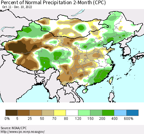 China, Mongolia and Taiwan Percent of Normal Precipitation 2-Month (CPC) Thematic Map For 10/11/2022 - 12/10/2022