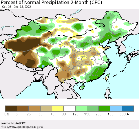 China, Mongolia and Taiwan Percent of Normal Precipitation 2-Month (CPC) Thematic Map For 10/16/2022 - 12/15/2022