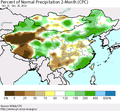 China, Mongolia and Taiwan Percent of Normal Precipitation 2-Month (CPC) Thematic Map For 10/21/2022 - 12/20/2022