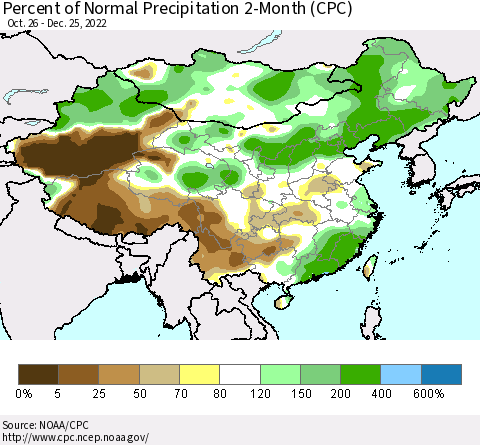 China, Mongolia and Taiwan Percent of Normal Precipitation 2-Month (CPC) Thematic Map For 10/26/2022 - 12/25/2022
