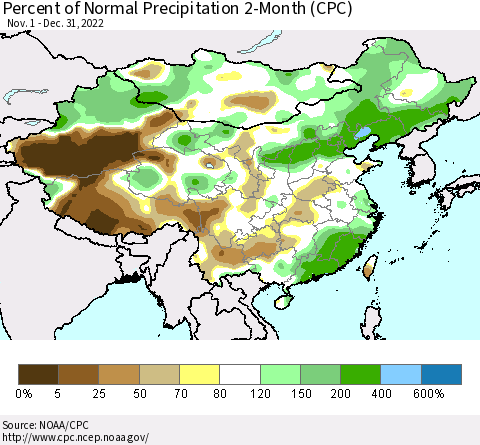 China, Mongolia and Taiwan Percent of Normal Precipitation 2-Month (CPC) Thematic Map For 11/1/2022 - 12/31/2022
