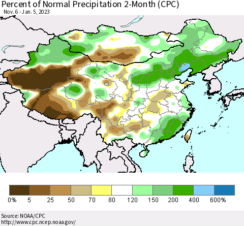 China, Mongolia and Taiwan Percent of Normal Precipitation 2-Month (CPC) Thematic Map For 11/6/2022 - 1/5/2023