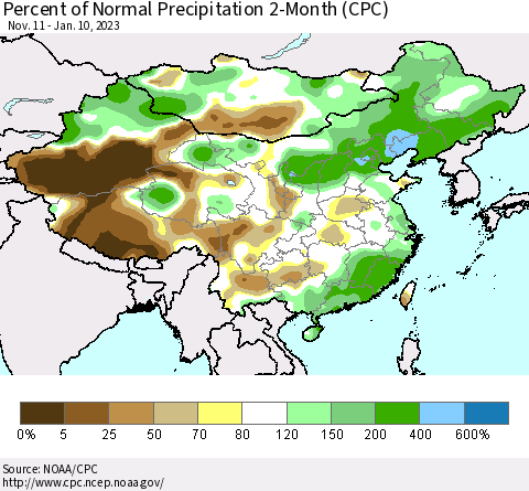 China, Mongolia and Taiwan Percent of Normal Precipitation 2-Month (CPC) Thematic Map For 11/11/2022 - 1/10/2023