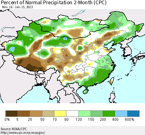 China, Mongolia and Taiwan Percent of Normal Precipitation 2-Month (CPC) Thematic Map For 11/16/2022 - 1/15/2023