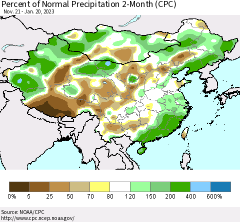 China, Mongolia and Taiwan Percent of Normal Precipitation 2-Month (CPC) Thematic Map For 11/21/2022 - 1/20/2023
