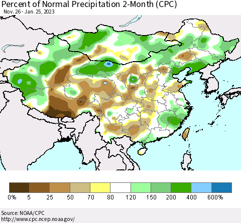 China, Mongolia and Taiwan Percent of Normal Precipitation 2-Month (CPC) Thematic Map For 11/26/2022 - 1/25/2023