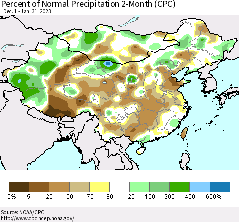 China, Mongolia and Taiwan Percent of Normal Precipitation 2-Month (CPC) Thematic Map For 12/1/2022 - 1/31/2023