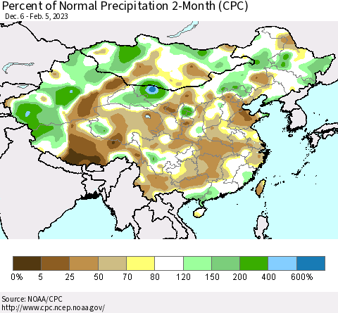 China, Mongolia and Taiwan Percent of Normal Precipitation 2-Month (CPC) Thematic Map For 12/6/2022 - 2/5/2023