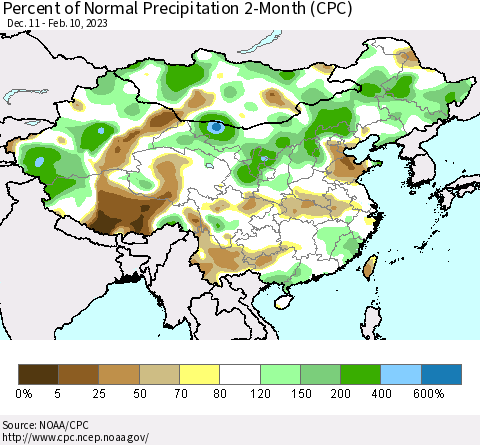 China, Mongolia and Taiwan Percent of Normal Precipitation 2-Month (CPC) Thematic Map For 12/11/2022 - 2/10/2023