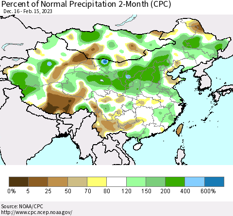 China, Mongolia and Taiwan Percent of Normal Precipitation 2-Month (CPC) Thematic Map For 12/16/2022 - 2/15/2023