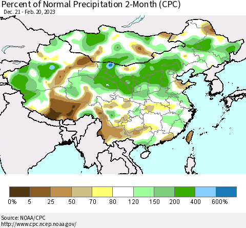 China, Mongolia and Taiwan Percent of Normal Precipitation 2-Month (CPC) Thematic Map For 12/21/2022 - 2/20/2023