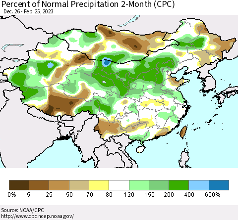 China, Mongolia and Taiwan Percent of Normal Precipitation 2-Month (CPC) Thematic Map For 12/26/2022 - 2/25/2023