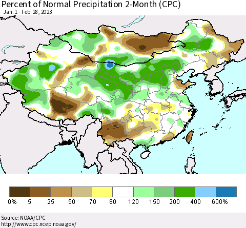 China, Mongolia and Taiwan Percent of Normal Precipitation 2-Month (CPC) Thematic Map For 1/1/2023 - 2/28/2023