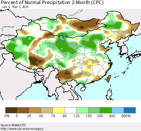 China, Mongolia and Taiwan Percent of Normal Precipitation 2-Month (CPC) Thematic Map For 1/6/2023 - 3/5/2023