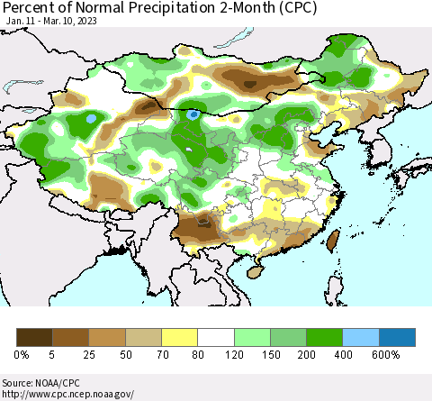 China, Mongolia and Taiwan Percent of Normal Precipitation 2-Month (CPC) Thematic Map For 1/11/2023 - 3/10/2023