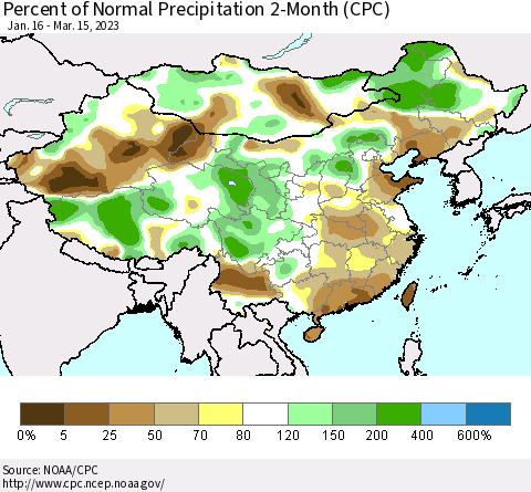 China, Mongolia and Taiwan Percent of Normal Precipitation 2-Month (CPC) Thematic Map For 1/16/2023 - 3/15/2023