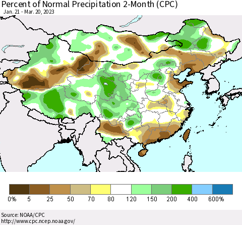 China, Mongolia and Taiwan Percent of Normal Precipitation 2-Month (CPC) Thematic Map For 1/21/2023 - 3/20/2023