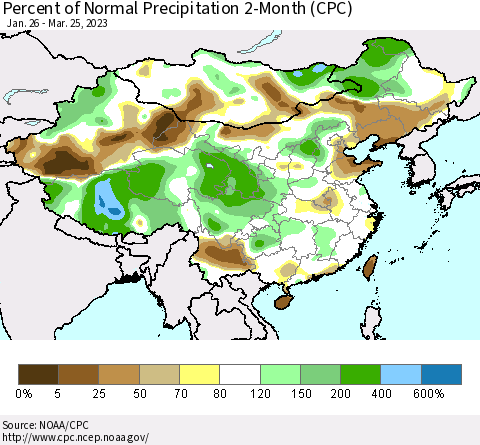 China, Mongolia and Taiwan Percent of Normal Precipitation 2-Month (CPC) Thematic Map For 1/26/2023 - 3/25/2023