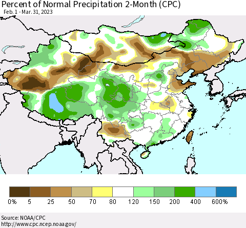 China, Mongolia and Taiwan Percent of Normal Precipitation 2-Month (CPC) Thematic Map For 2/1/2023 - 3/31/2023