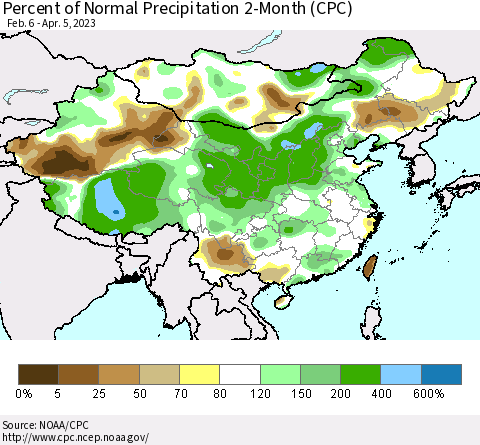 China, Mongolia and Taiwan Percent of Normal Precipitation 2-Month (CPC) Thematic Map For 2/6/2023 - 4/5/2023