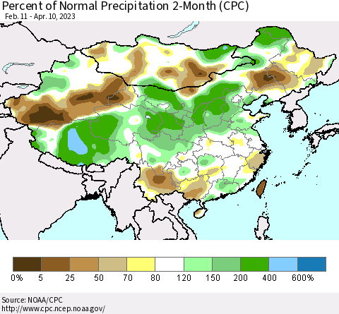 China, Mongolia and Taiwan Percent of Normal Precipitation 2-Month (CPC) Thematic Map For 2/11/2023 - 4/10/2023