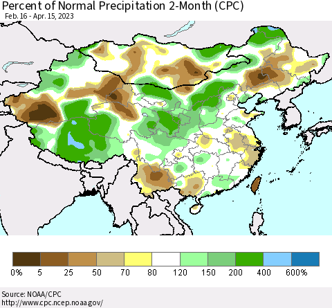 China, Mongolia and Taiwan Percent of Normal Precipitation 2-Month (CPC) Thematic Map For 2/16/2023 - 4/15/2023