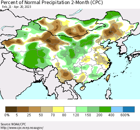 China, Mongolia and Taiwan Percent of Normal Precipitation 2-Month (CPC) Thematic Map For 2/21/2023 - 4/20/2023