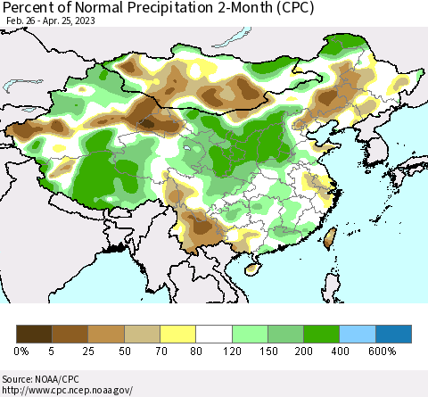 China, Mongolia and Taiwan Percent of Normal Precipitation 2-Month (CPC) Thematic Map For 2/26/2023 - 4/25/2023