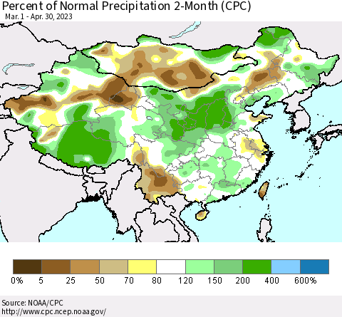China, Mongolia and Taiwan Percent of Normal Precipitation 2-Month (CPC) Thematic Map For 3/1/2023 - 4/30/2023
