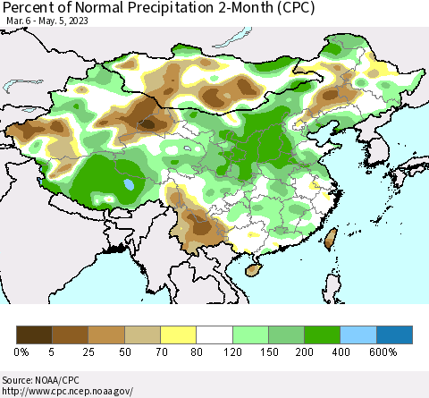 China, Mongolia and Taiwan Percent of Normal Precipitation 2-Month (CPC) Thematic Map For 3/6/2023 - 5/5/2023