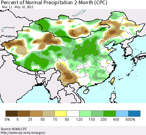 China, Mongolia and Taiwan Percent of Normal Precipitation 2-Month (CPC) Thematic Map For 3/11/2023 - 5/10/2023