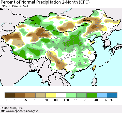 China, Mongolia and Taiwan Percent of Normal Precipitation 2-Month (CPC) Thematic Map For 3/16/2023 - 5/15/2023