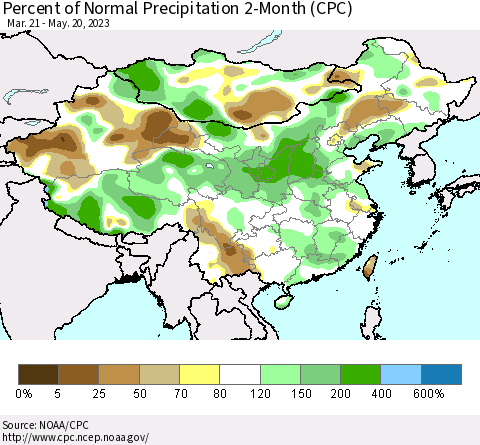 China, Mongolia and Taiwan Percent of Normal Precipitation 2-Month (CPC) Thematic Map For 3/21/2023 - 5/20/2023