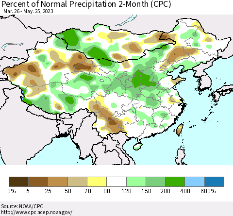 China, Mongolia and Taiwan Percent of Normal Precipitation 2-Month (CPC) Thematic Map For 3/26/2023 - 5/25/2023